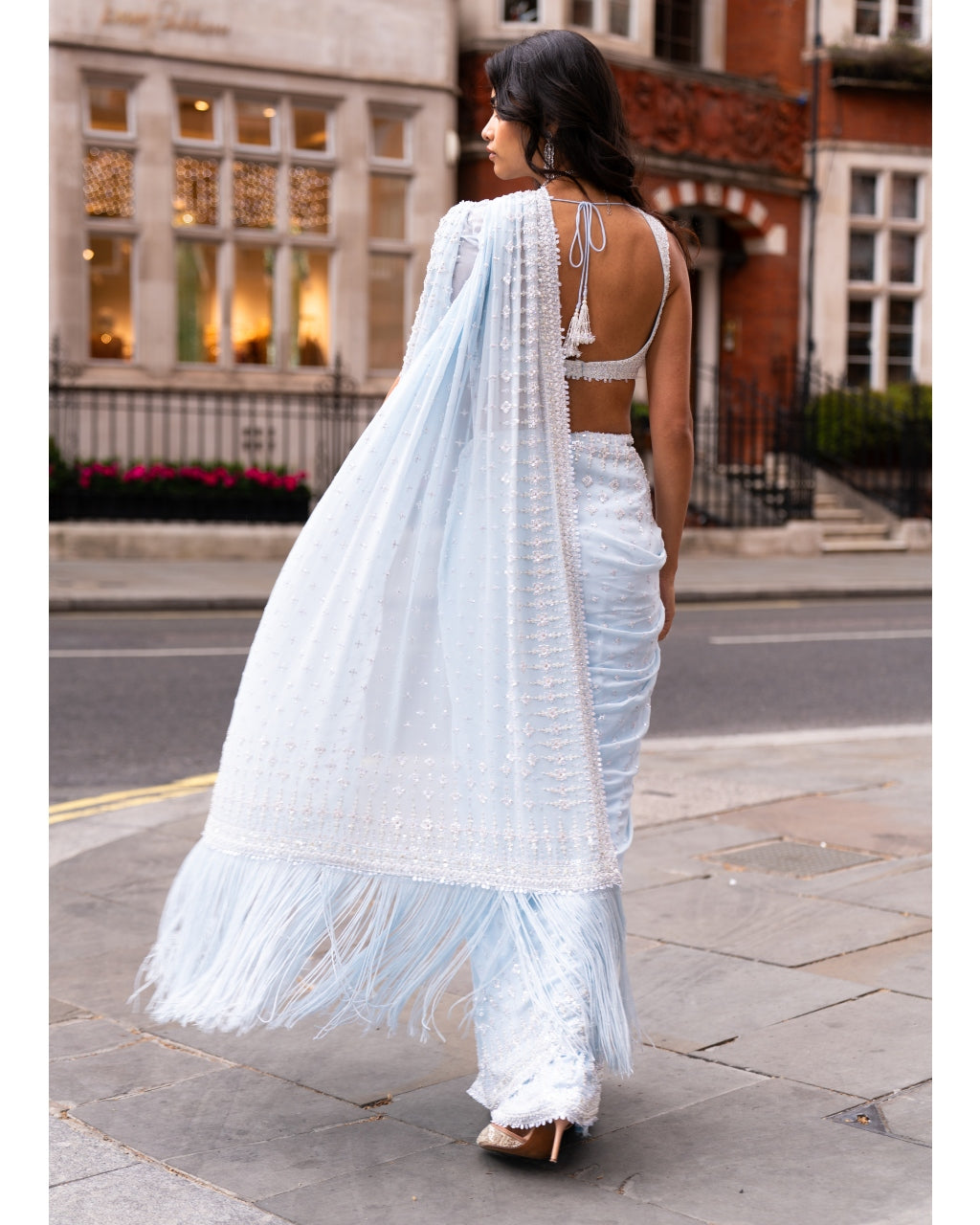 Powder Blue Ombre Sequin Sari Set