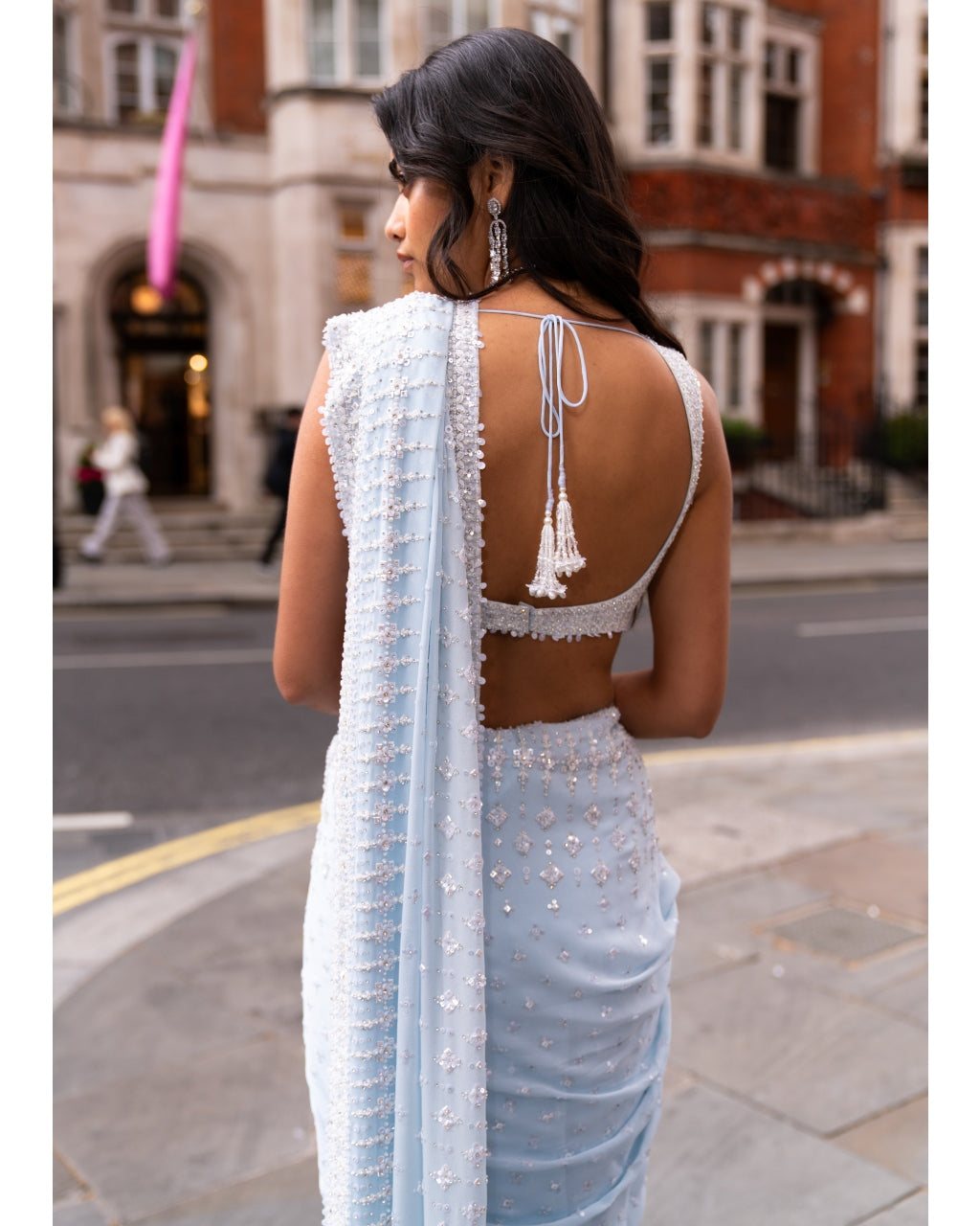 Powder Blue Ombre Sequin Sari Set