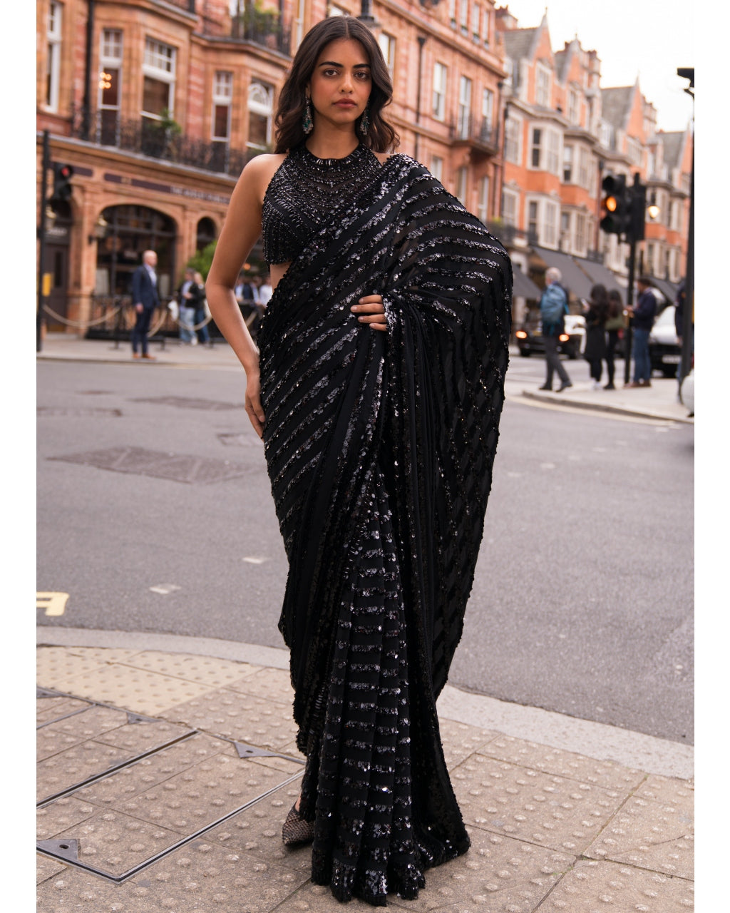 Black Sequin & Crystal Sari Set