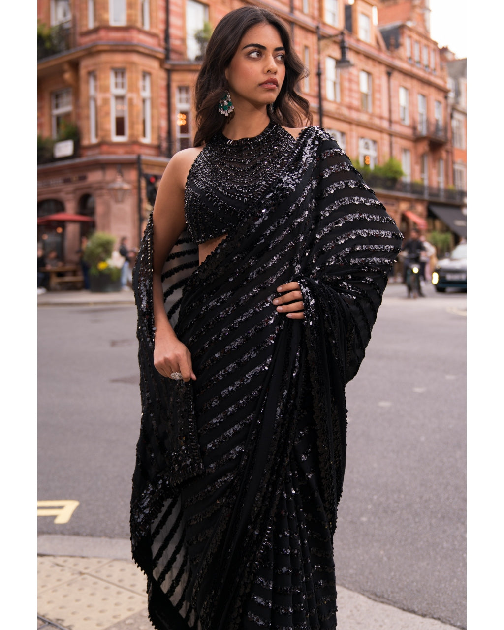 Black Sequin & Crystal Sari Set