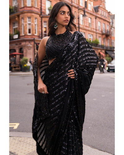 Black Sequin & Crystal Sari Set