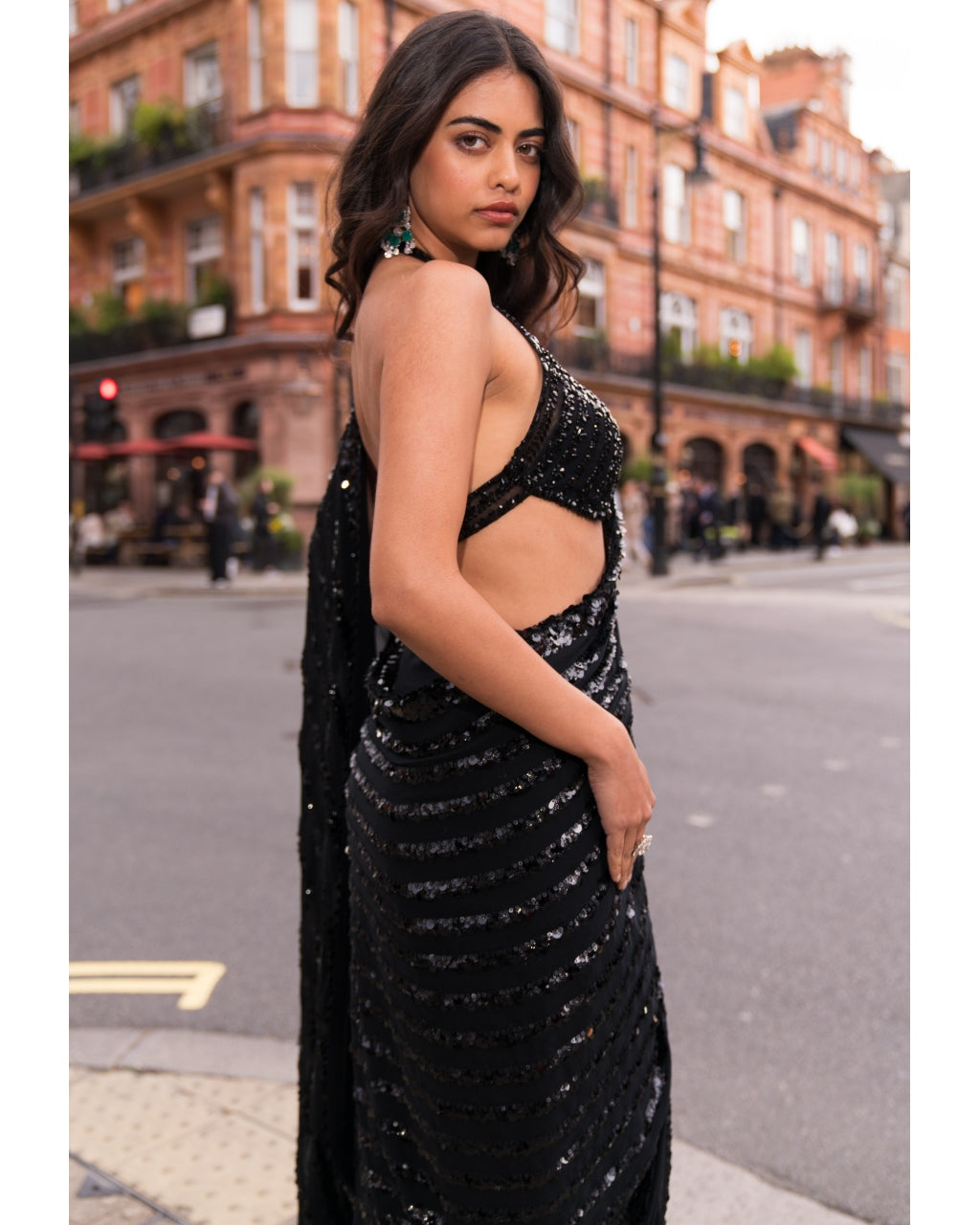 Black Sequin & Crystal Sari Set