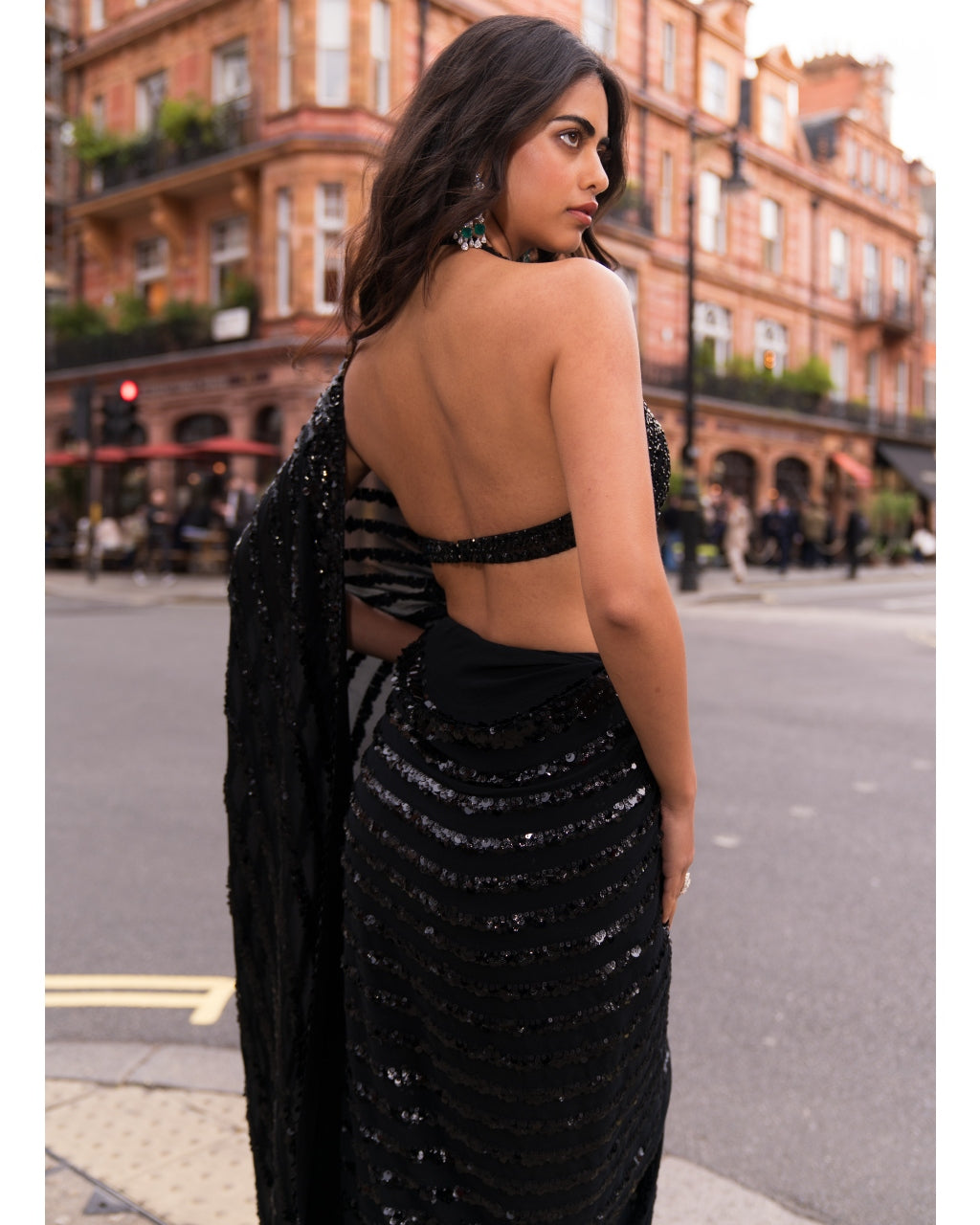 Black Sequin & Crystal Sari Set