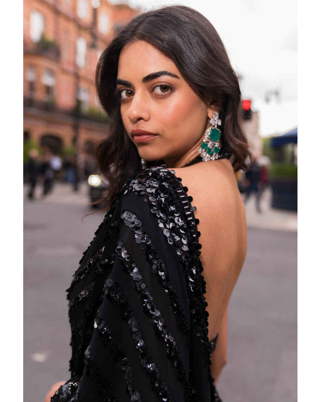 Black Sequin & Crystal Sari Set
