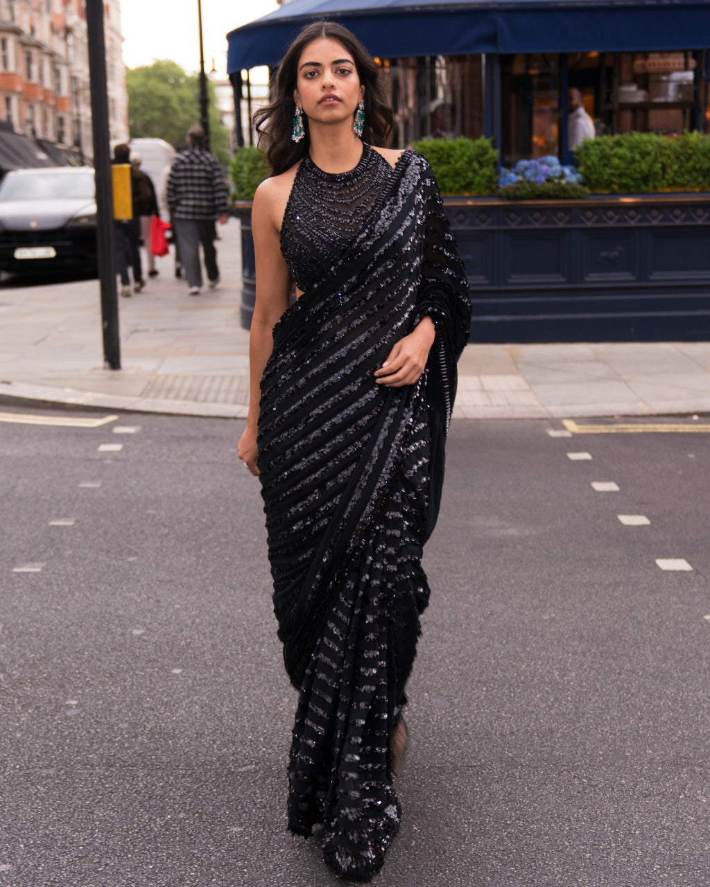 Black Sequin & Crystal Sari Set