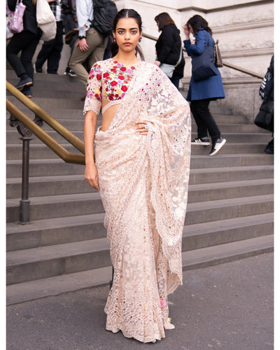 Beige Multi-Coloured Thread Work Sari