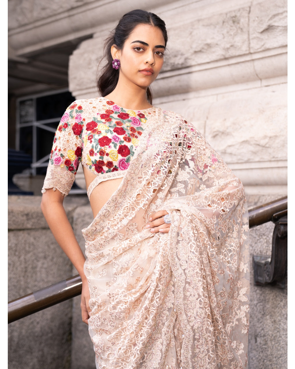 Beige Multi-Coloured Thread Work Sari