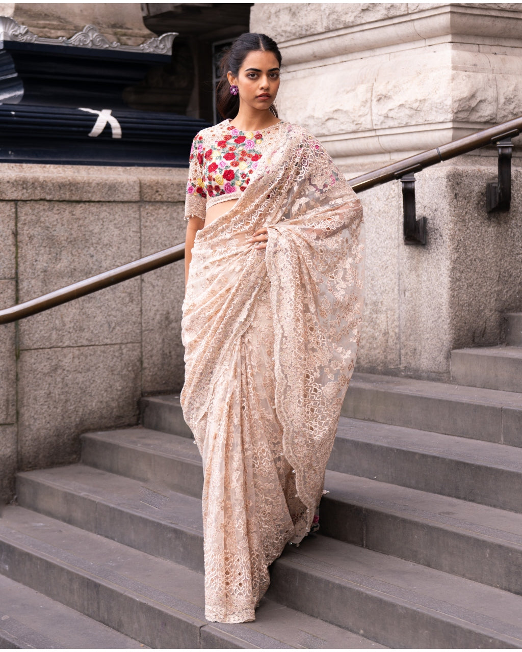 Beige Multi-Coloured Thread Work Sari