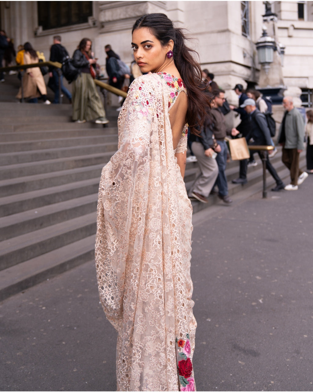 Beige Multi-Coloured Thread Work Sari
