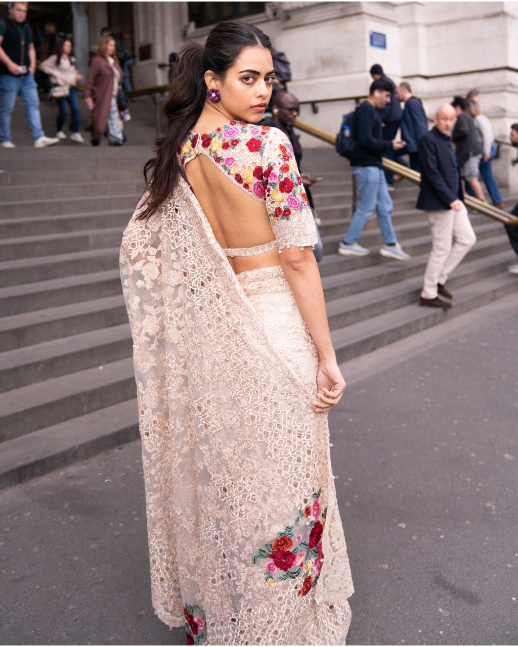Beige Multi-Coloured Thread Work Sari
