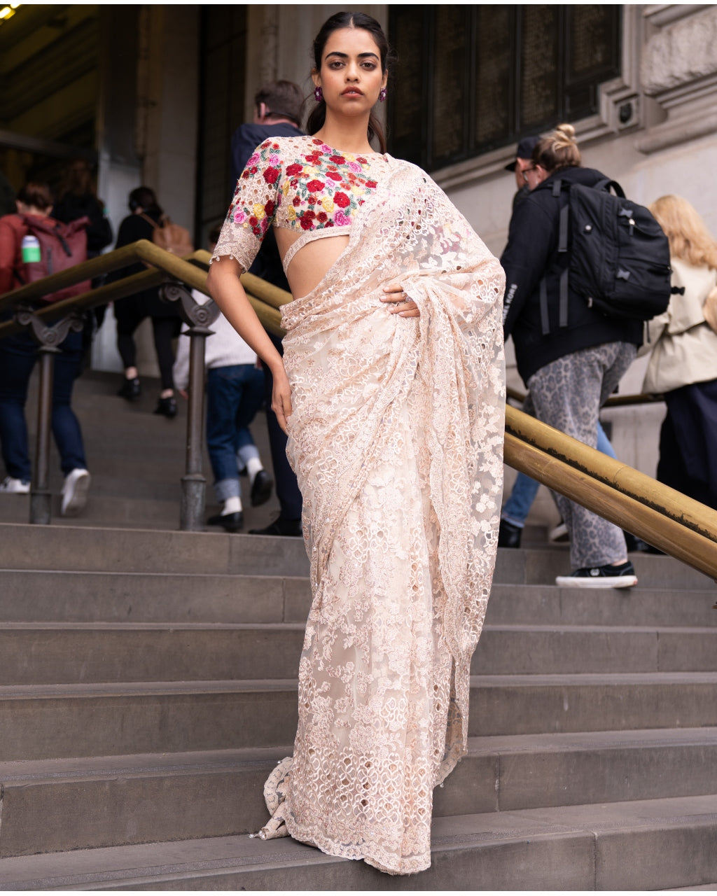 Beige Multi-Coloured Thread Work Sari