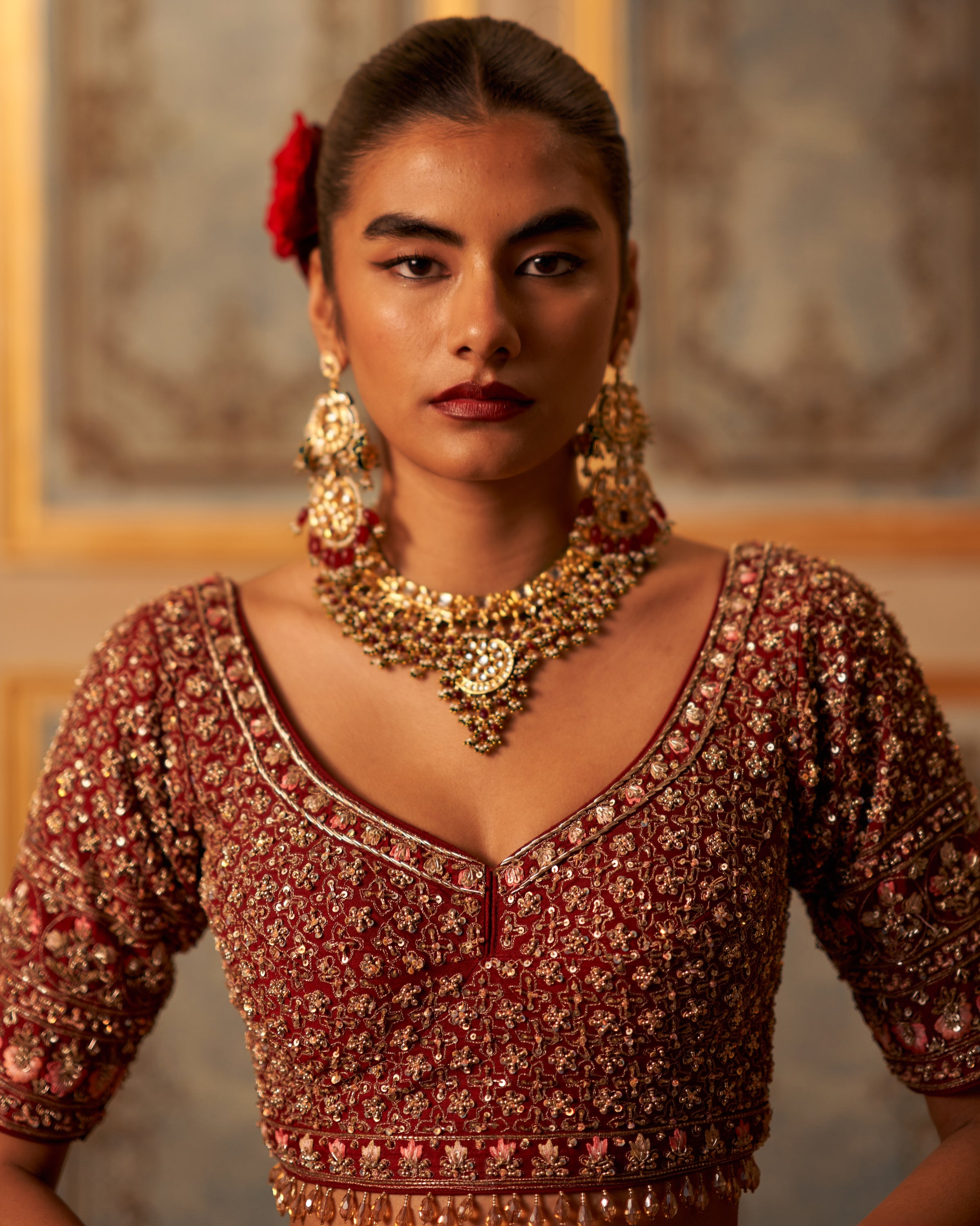 Maroon Raw Silk Double Dupatta Lehenga Set