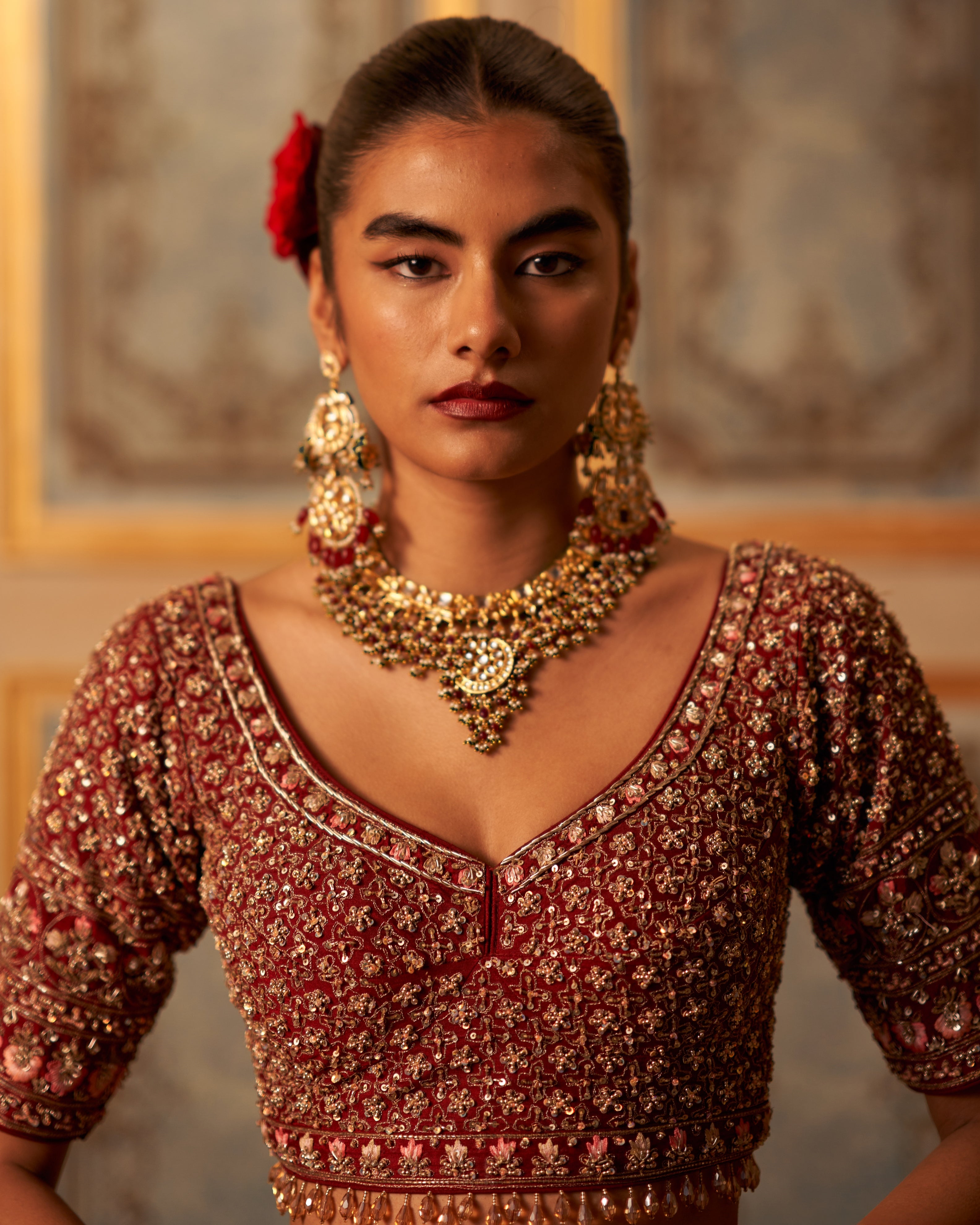 Maroon Raw Silk Double Dupatta Lehenga Set