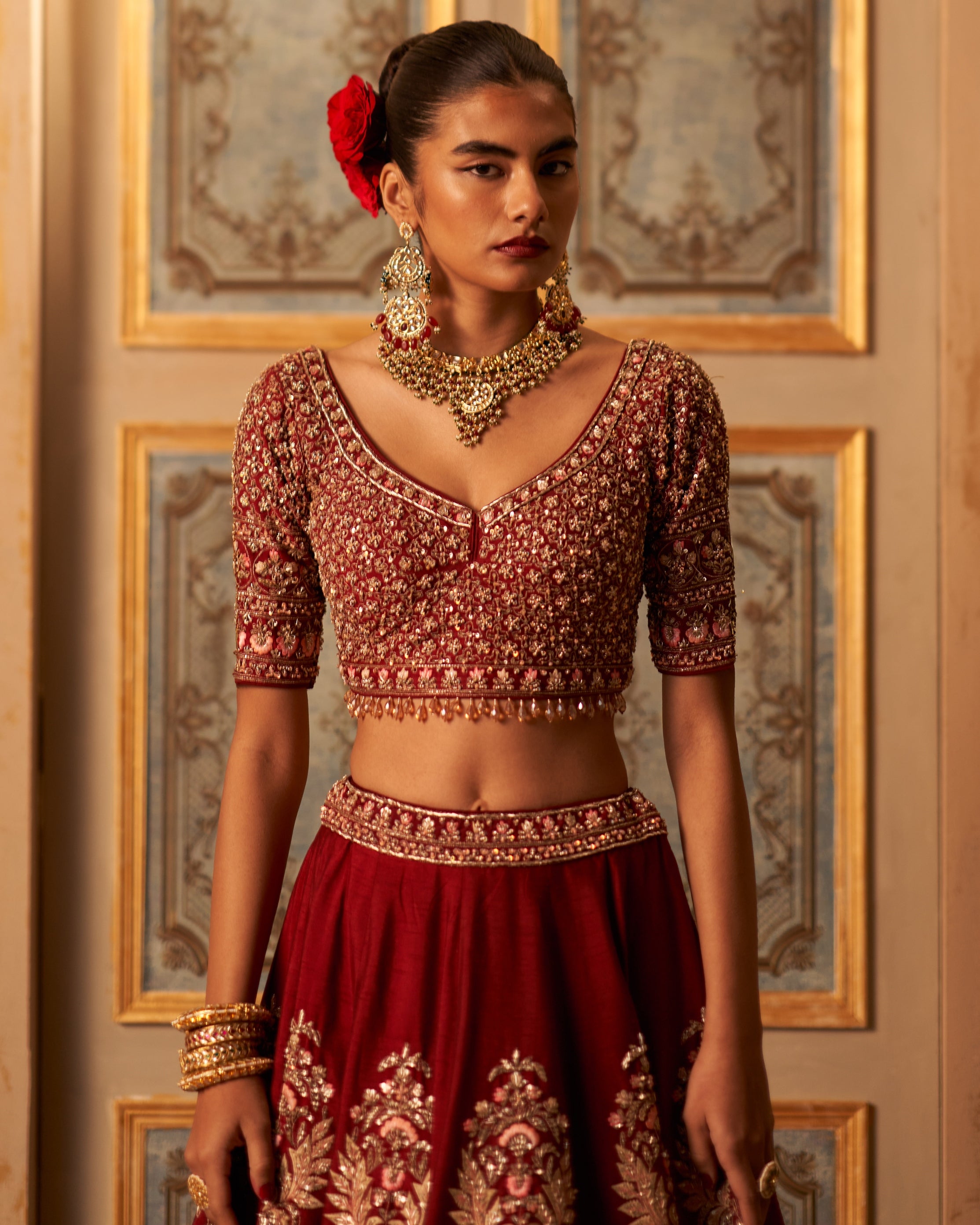 Maroon Raw Silk Double Dupatta Lehenga Set