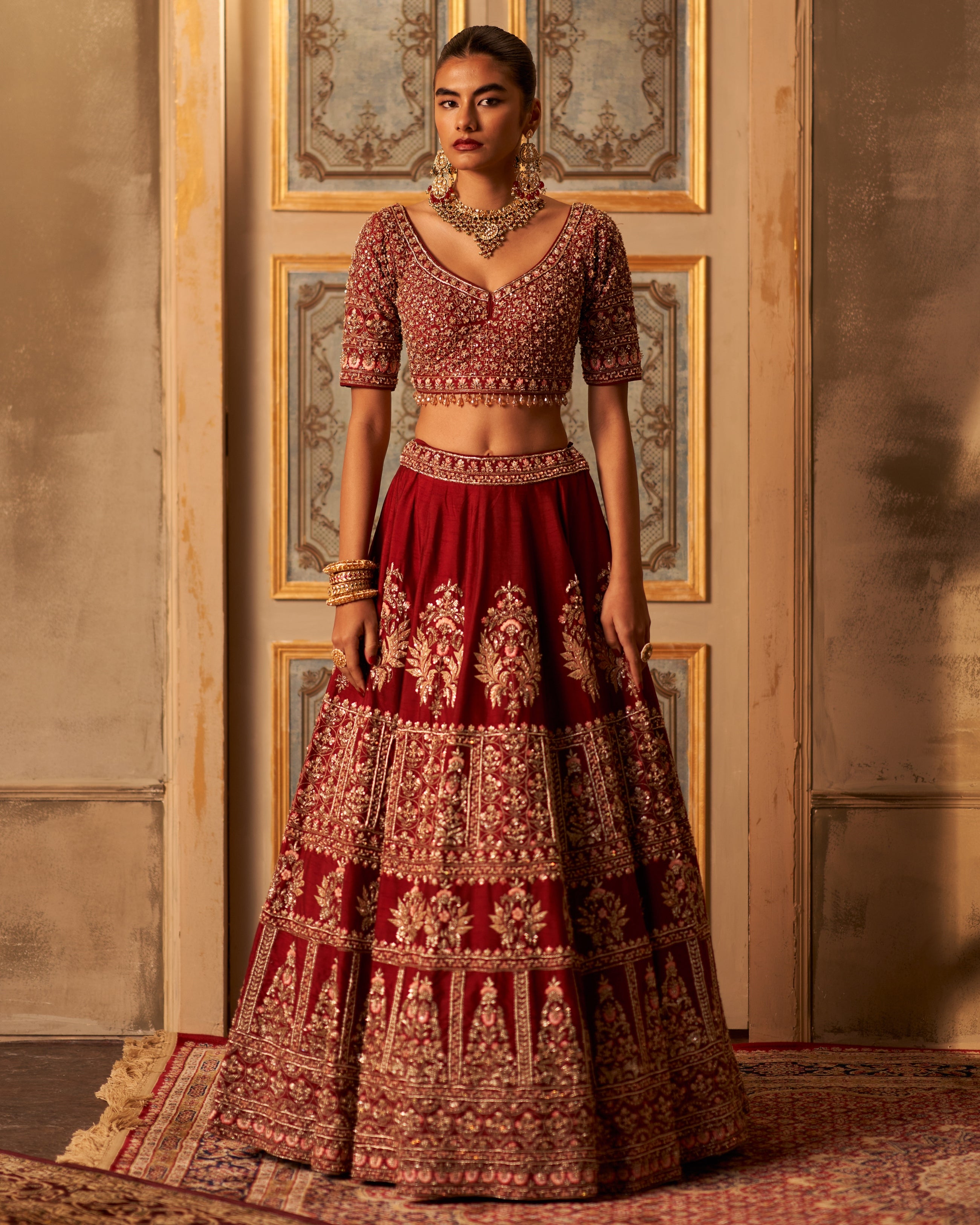 Maroon Raw Silk Double Dupatta Lehenga Set