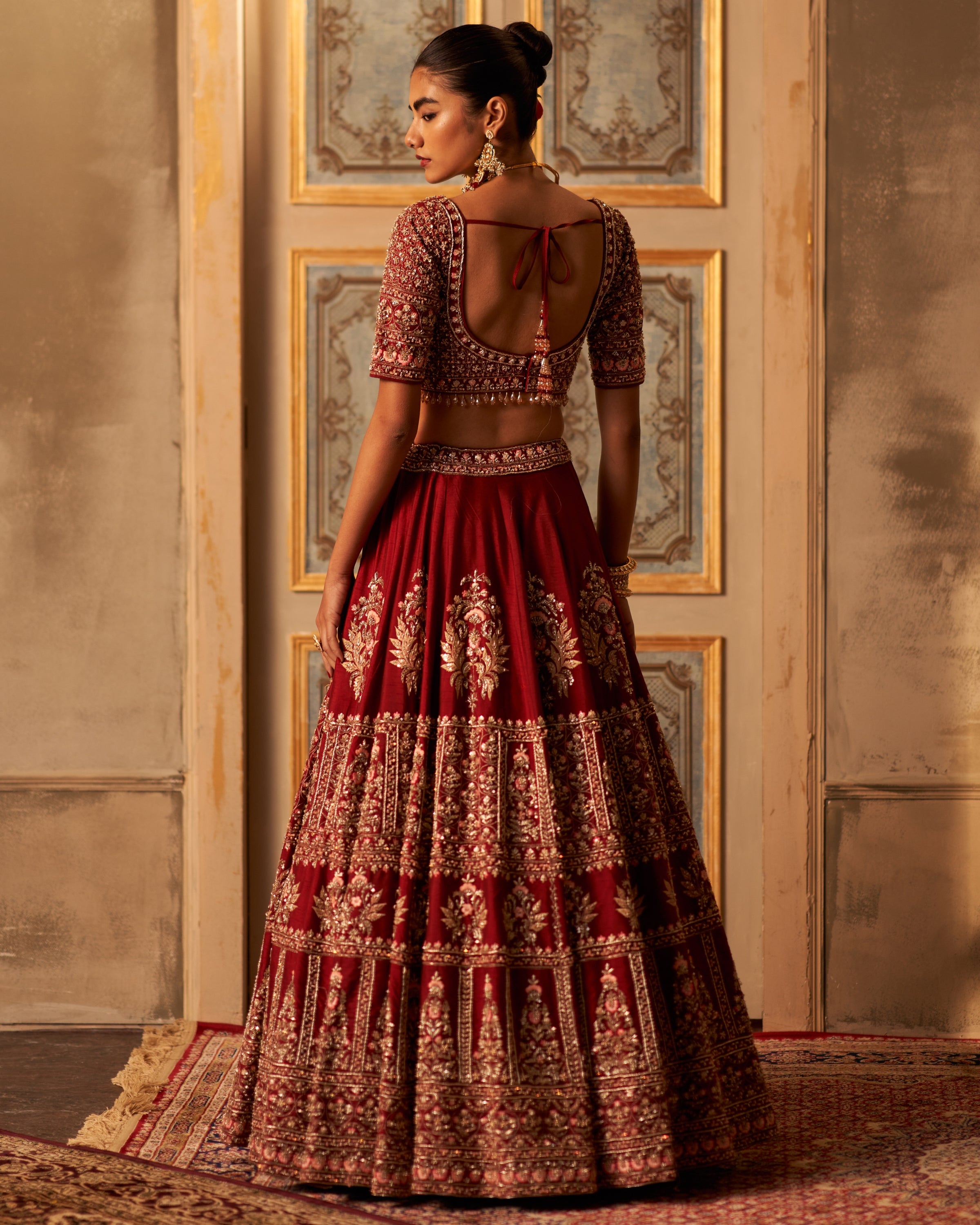 Maroon Raw Silk Double Dupatta Lehenga Set