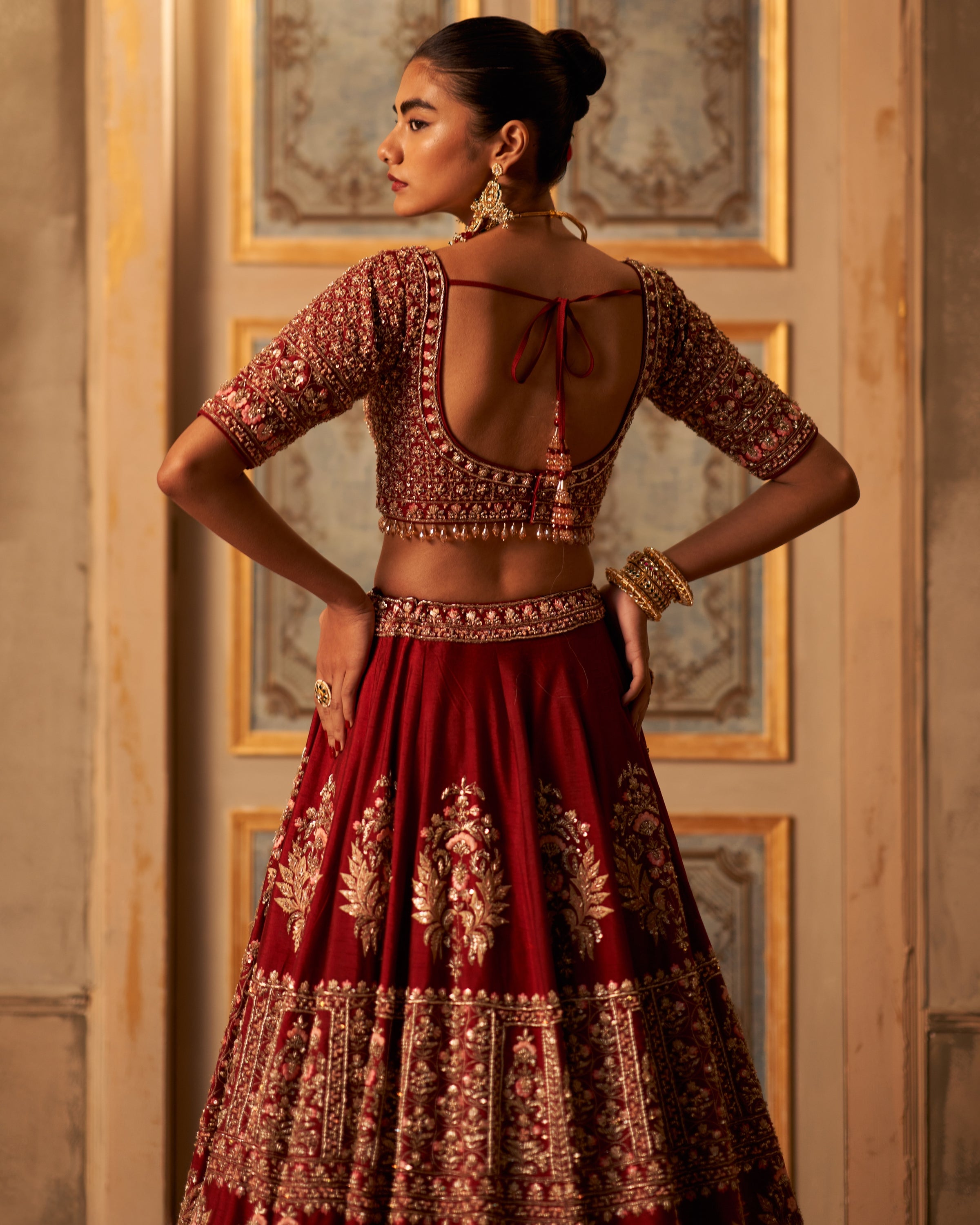 Maroon Raw Silk Double Dupatta Lehenga Set
