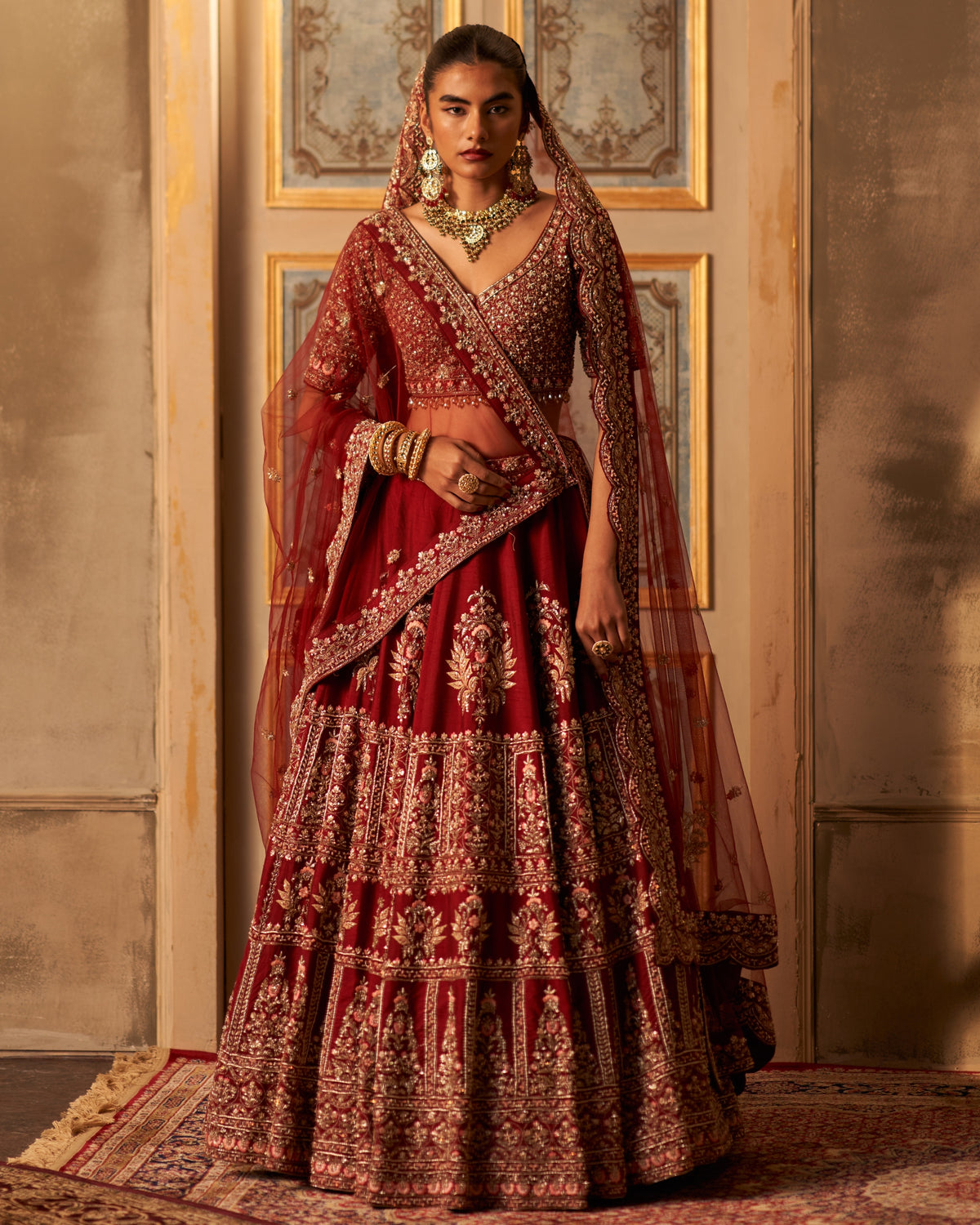 Maroon Raw Silk Double Dupatta Lehenga Set