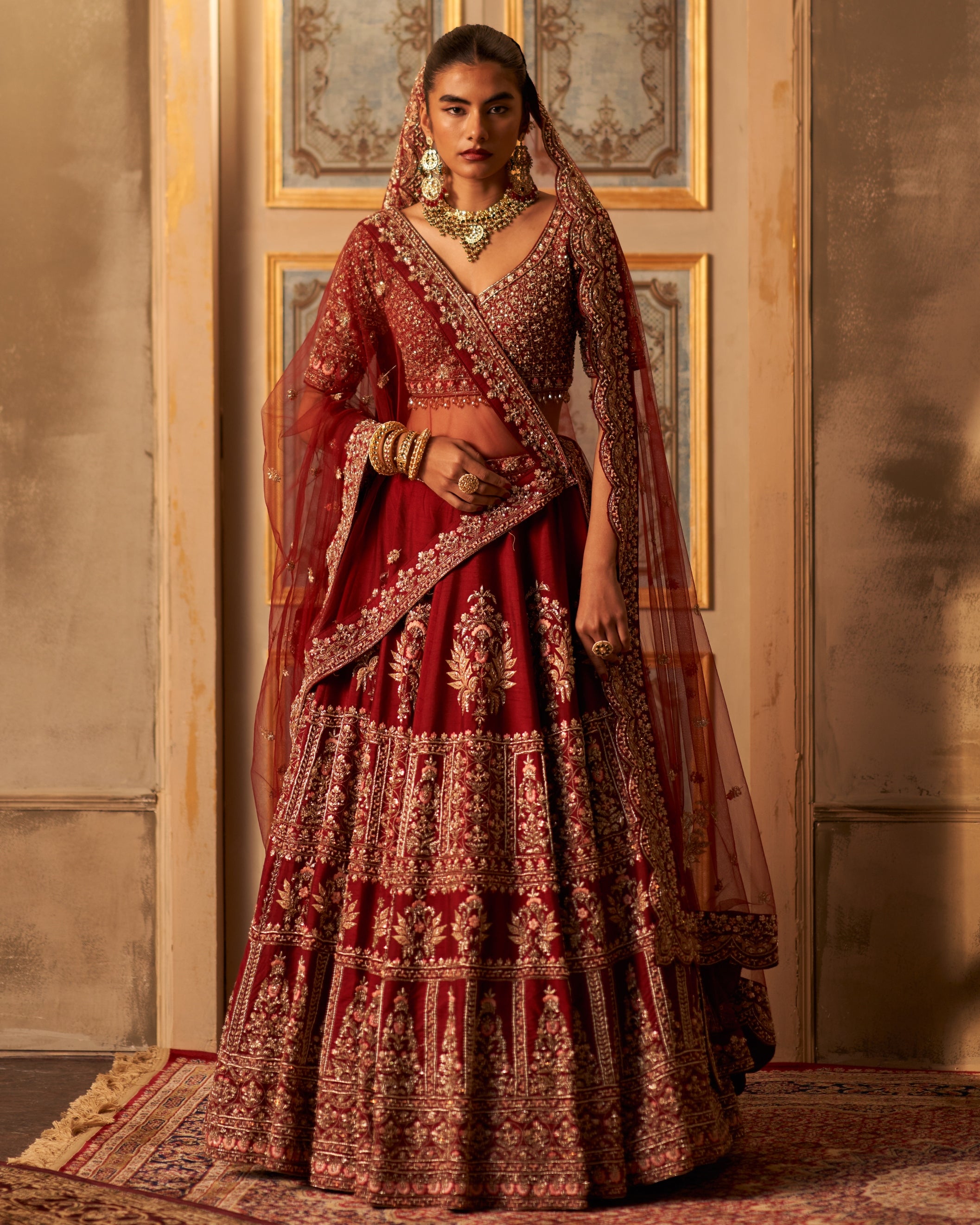 Maroon Raw Silk Double Dupatta Lehenga Set