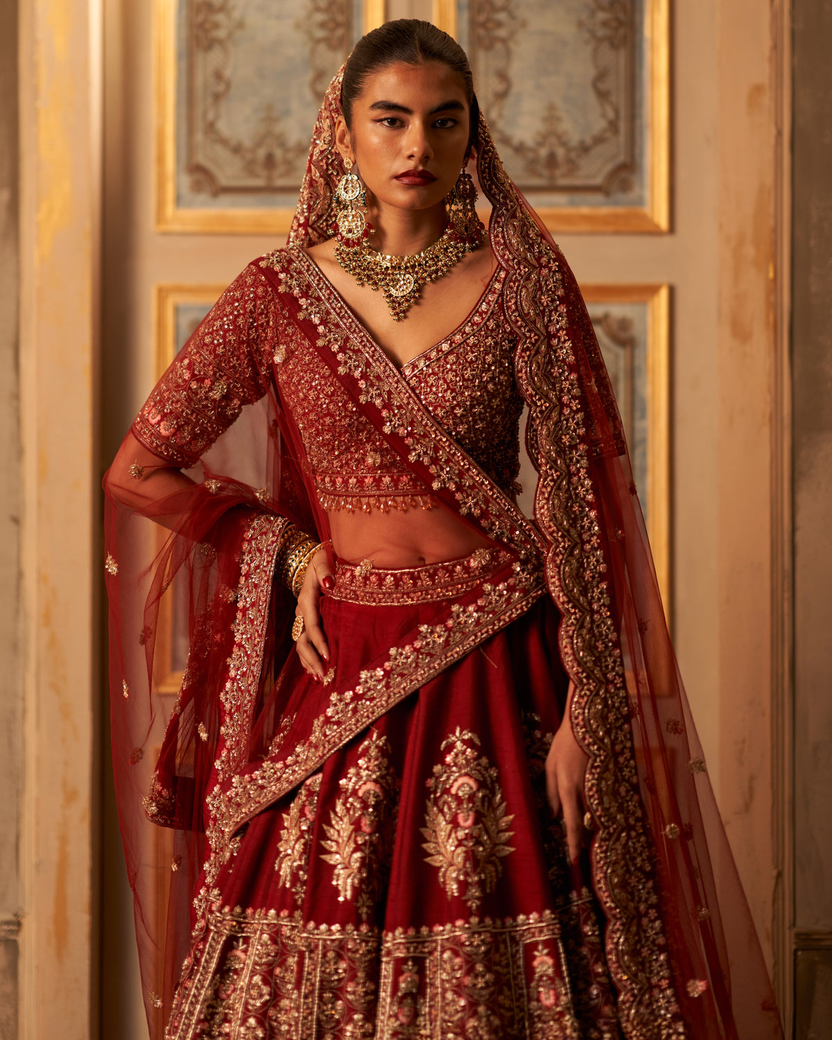 Maroon Raw Silk Double Dupatta Lehenga Set