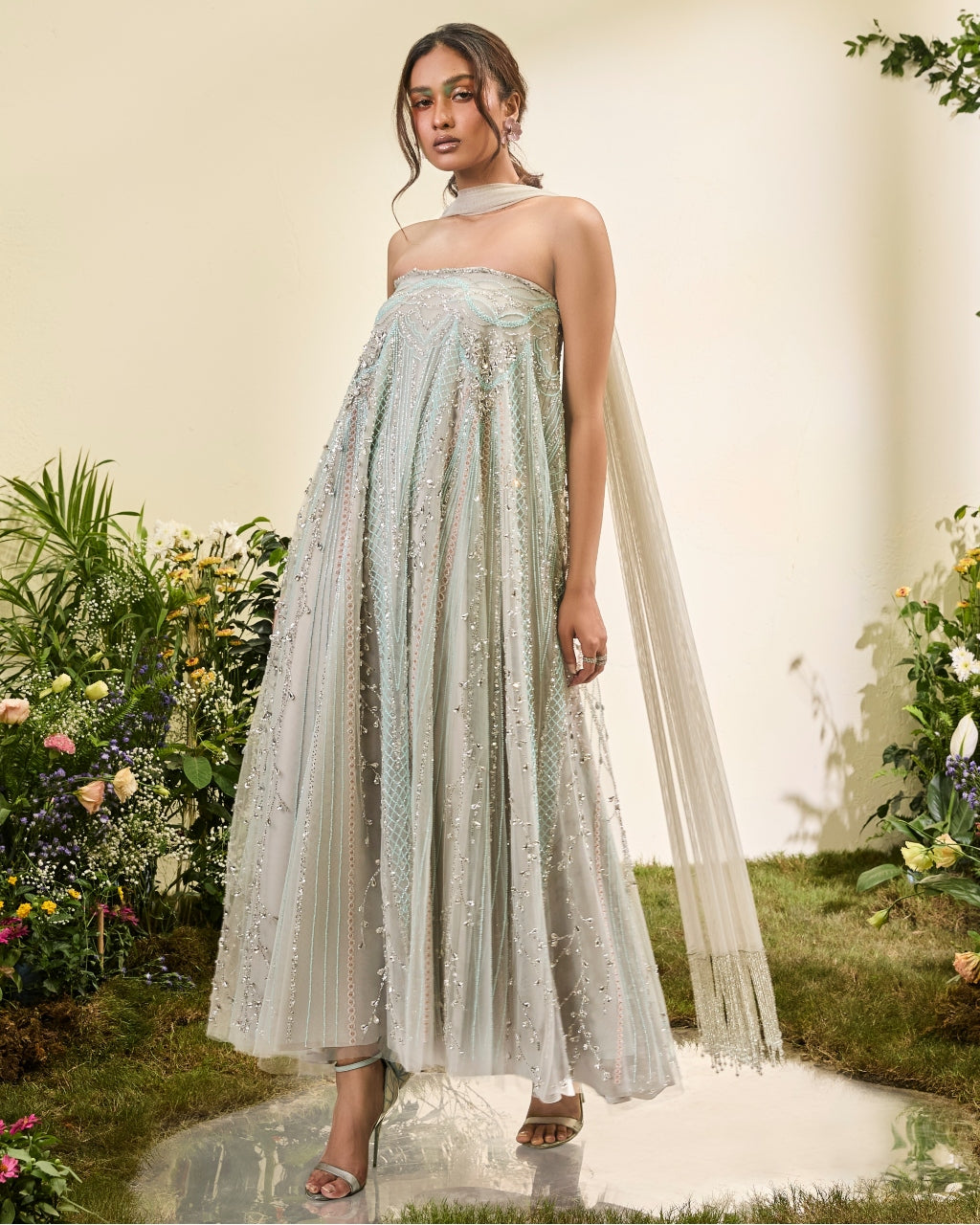 Multicolour Embellished Dress With Stole