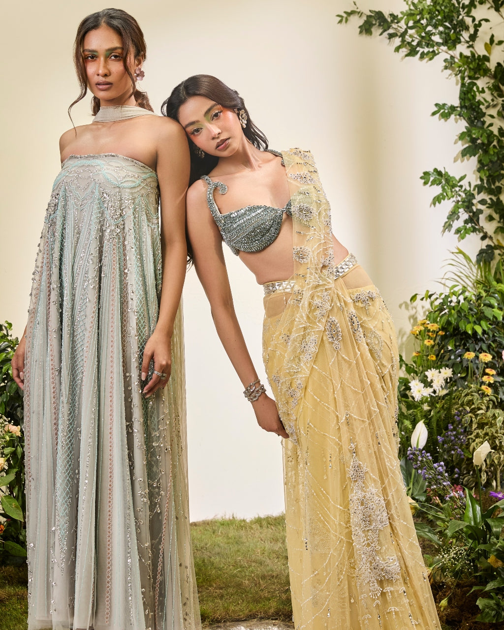 Lemon Yellow Prestitched Skirt Sari With Crystal Blouse