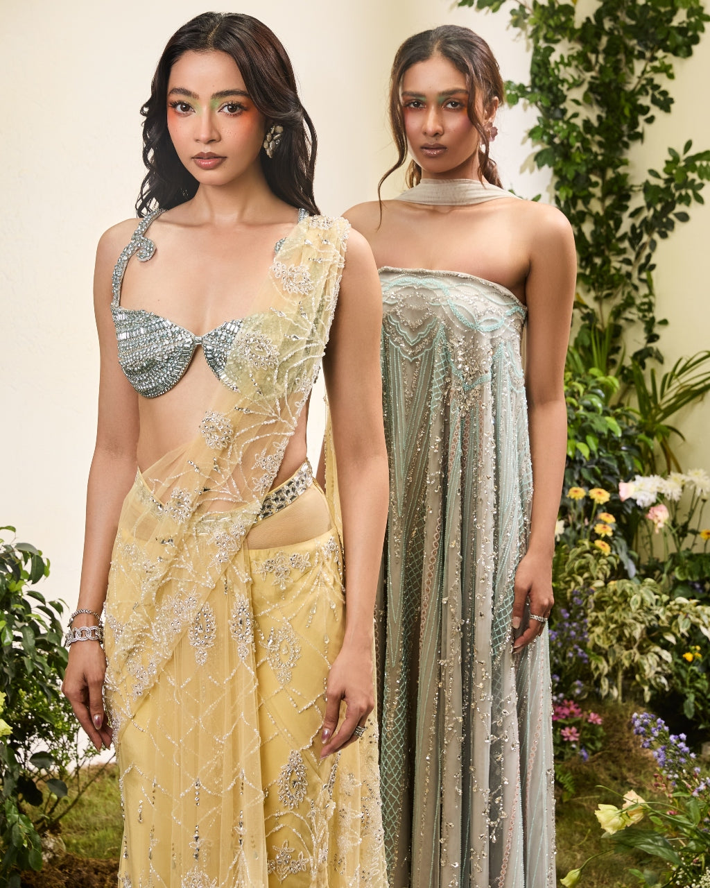 Lemon Yellow Prestitched Skirt Sari With Crystal Blouse