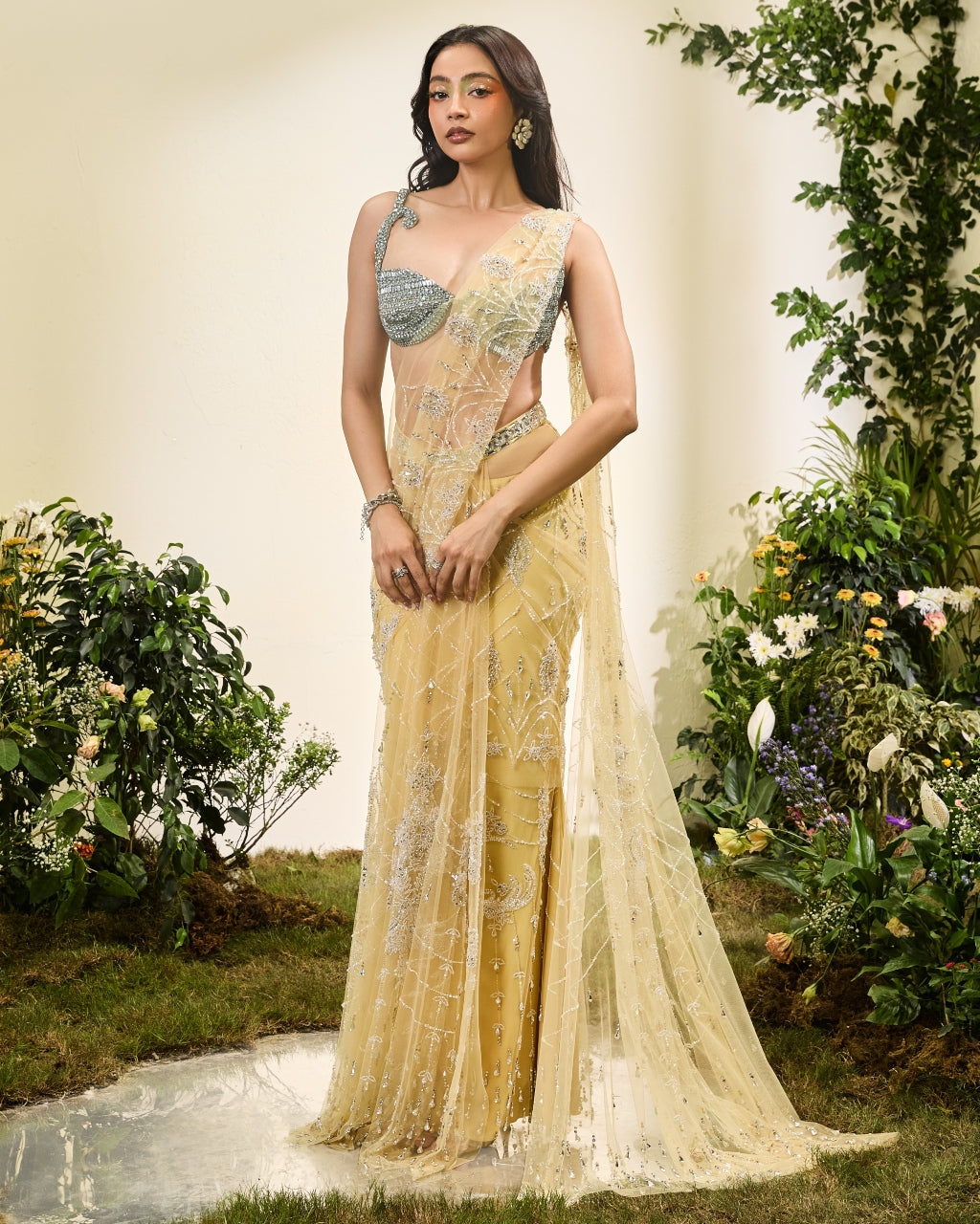 Lemon Yellow Prestitched Skirt Sari With Crystal Blouse