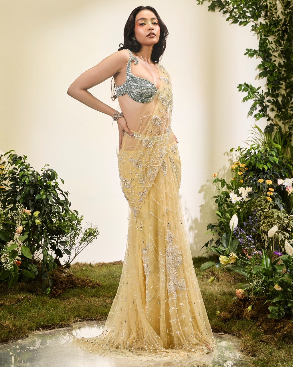 Lemon Yellow Prestitched Skirt Sari With Crystal Blouse