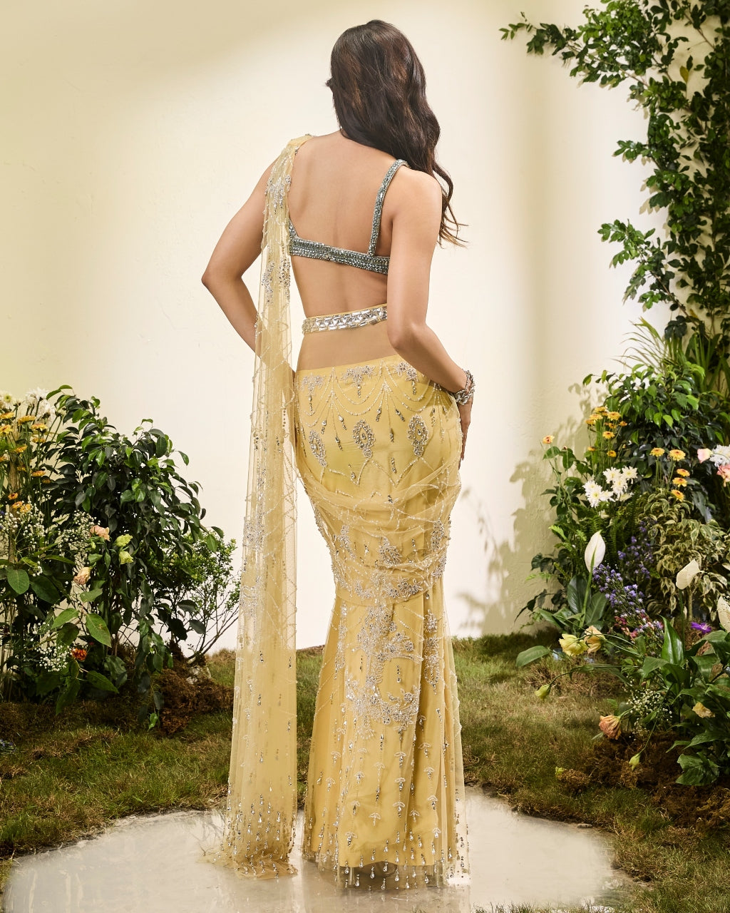 Lemon Yellow Prestitched Skirt Sari With Crystal Blouse