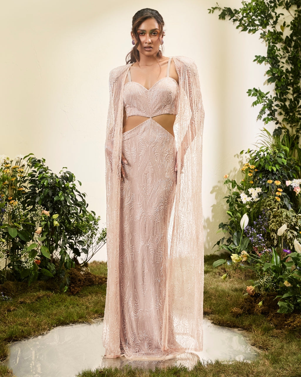 Pale Peach Beaded cut Out Gown With Cape