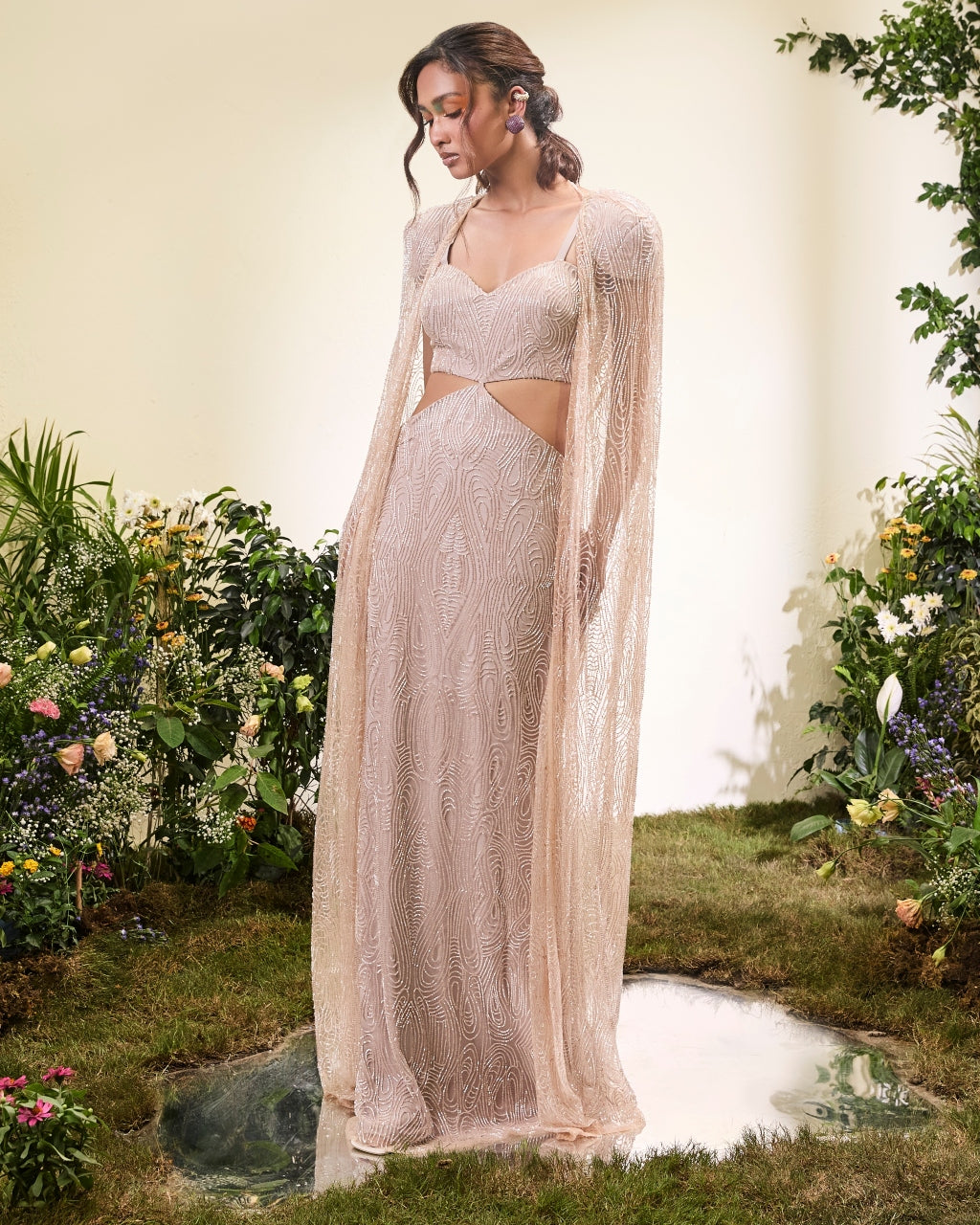 Pale Peach Beaded cut Out Gown With Cape