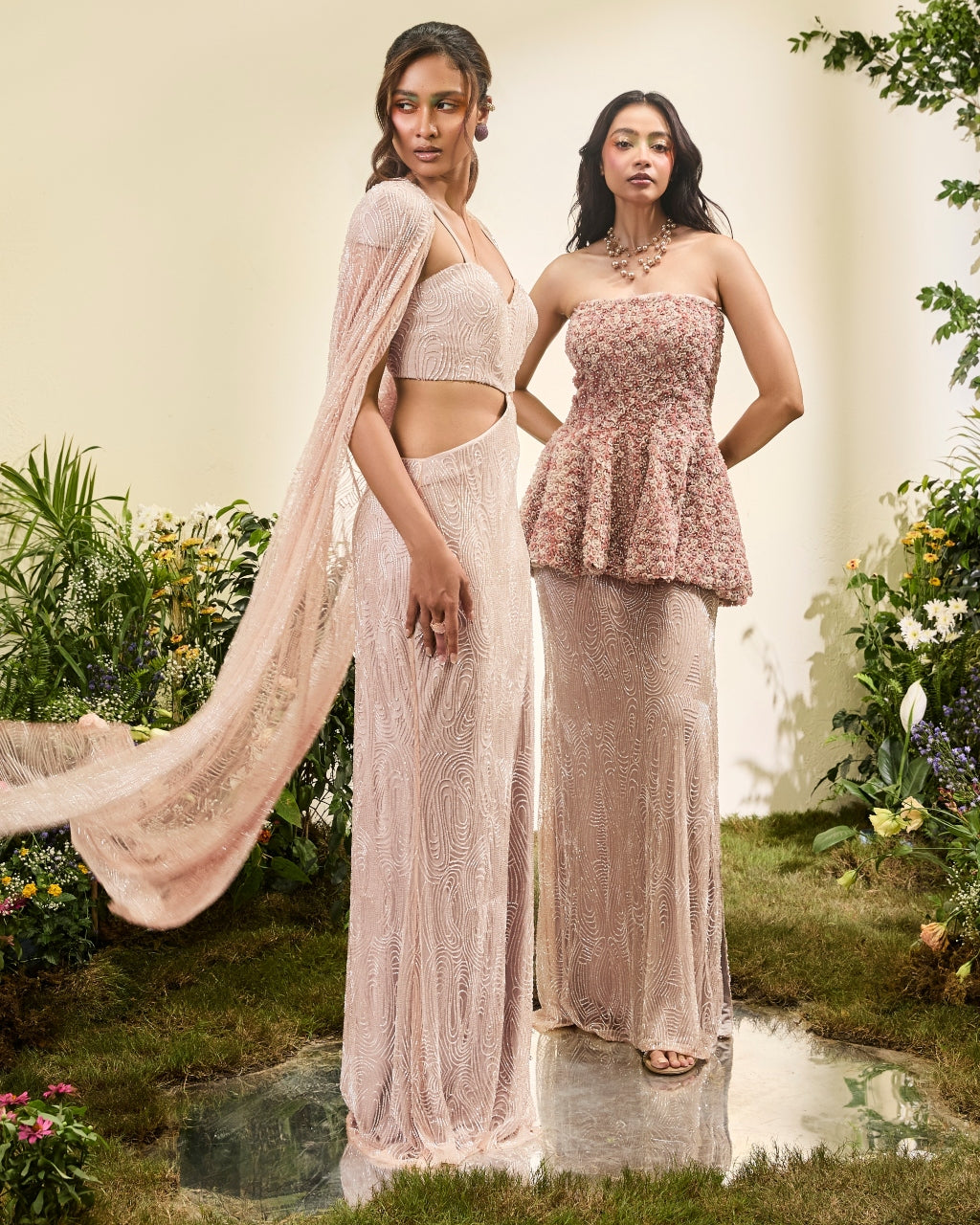 Pale Peach 3D Flower Peplum And Beaded Slit Skirt