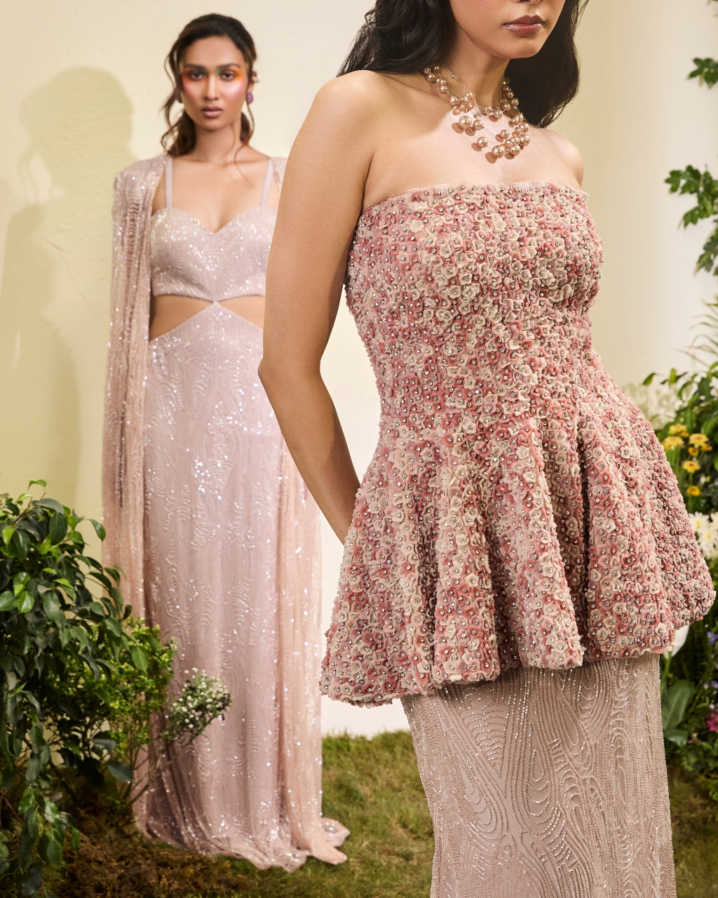 Pale Peach 3D Flower Peplum And Beaded Slit Skirt