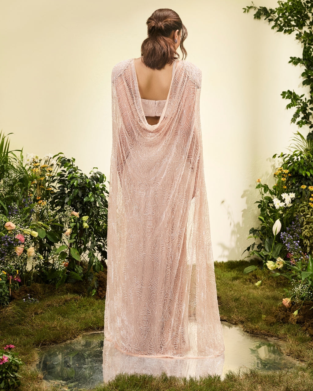 Pale Peach Beaded cut Out Gown With Cape