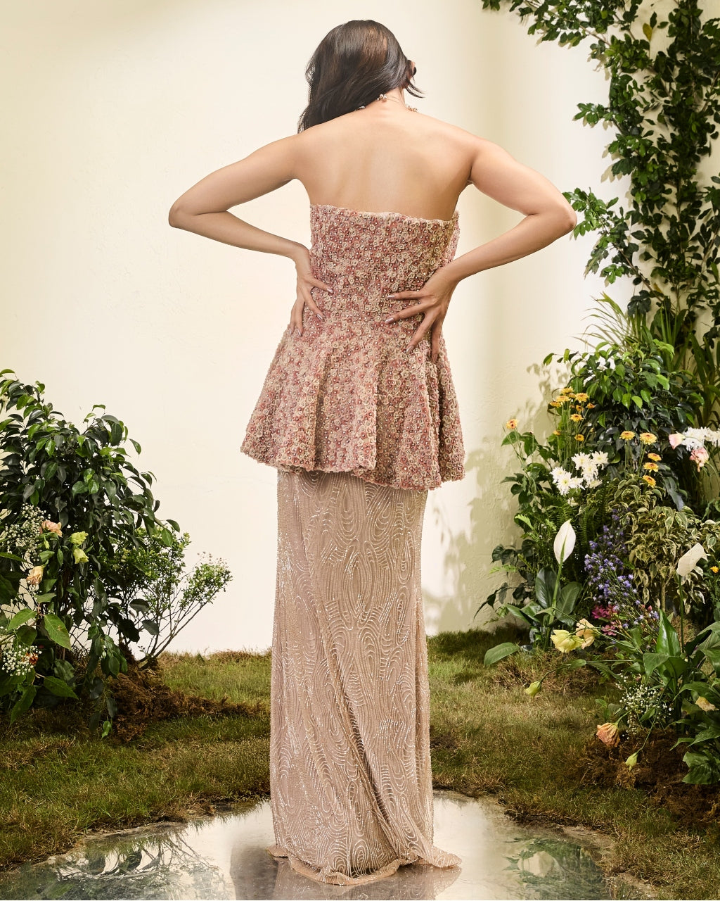 Pale Peach 3D Flower Peplum And Beaded Slit Skirt