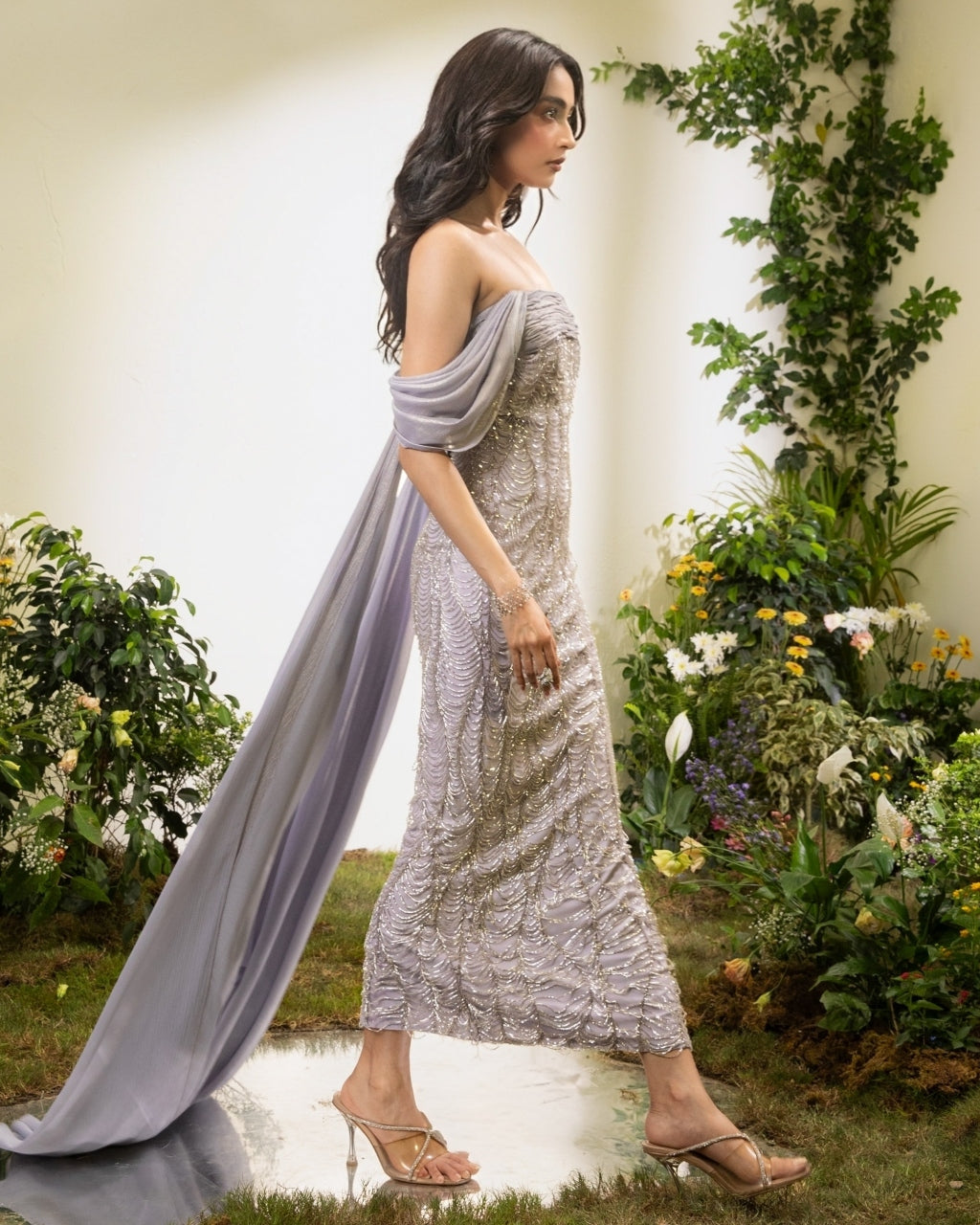 Lavender Pencil Dress With Chiffon Drape