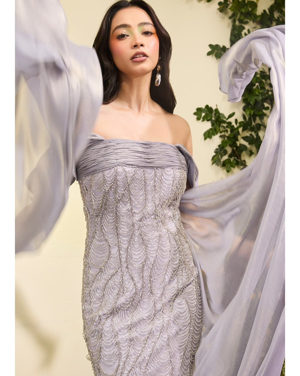 Lavender Pencil Dress With Chiffon Drape