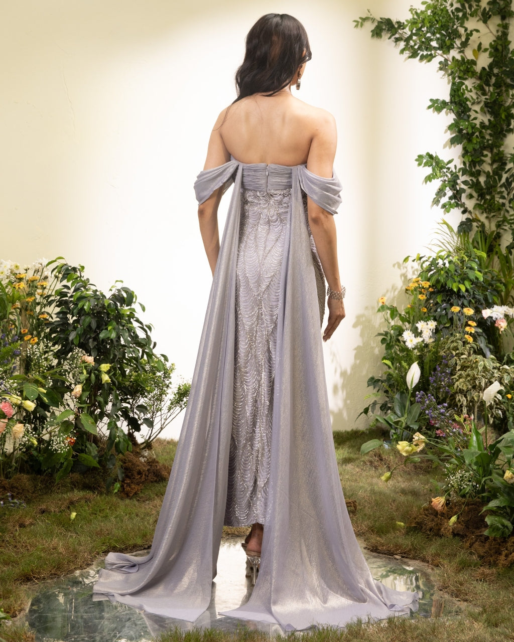 Lavender Pencil Dress With Chiffon Drape