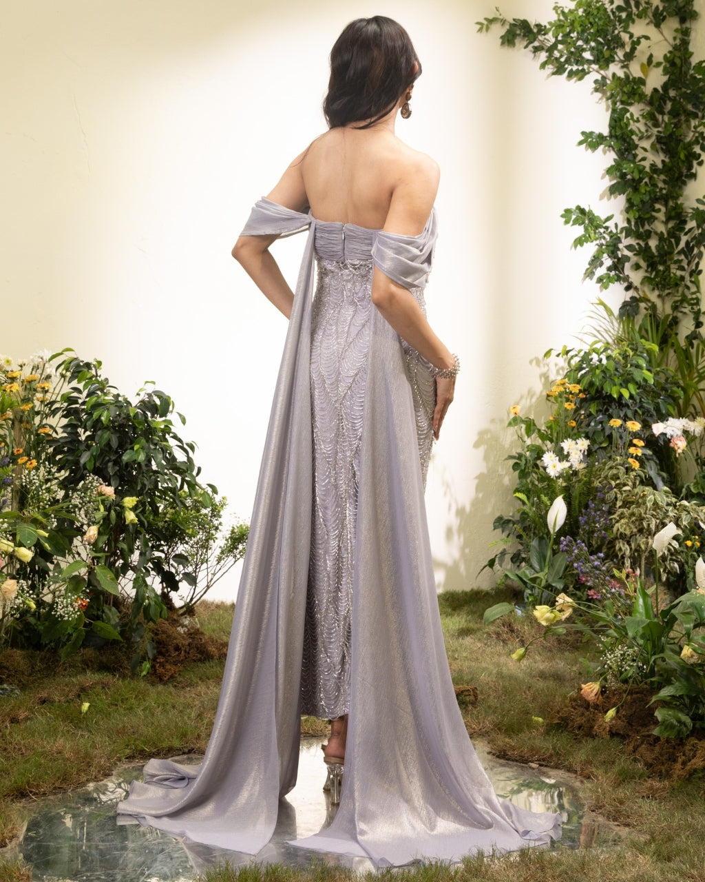 Lavender Pencil Dress With Chiffon Drape