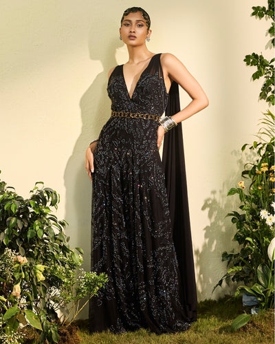 Black Hand Embroidered Jumpsuit With Cowl Back