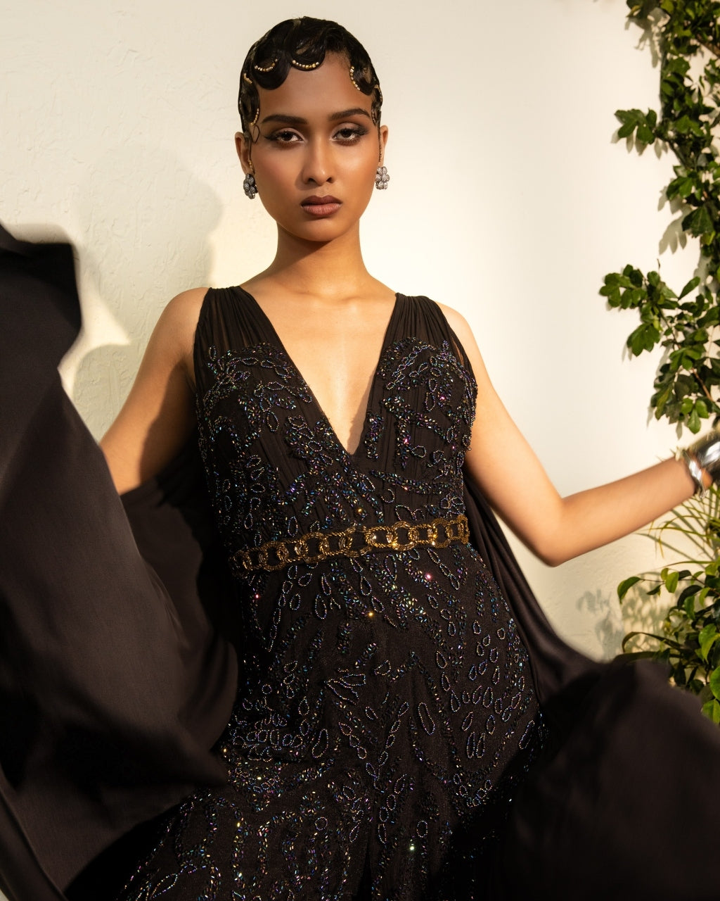 Black Hand Embroidered Jumpsuit With Cowl Back