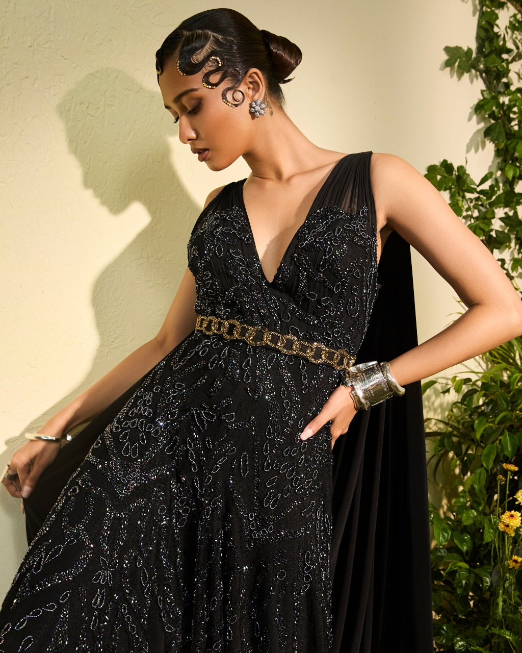 Black Hand Embroidered Jumpsuit With Cowl Back