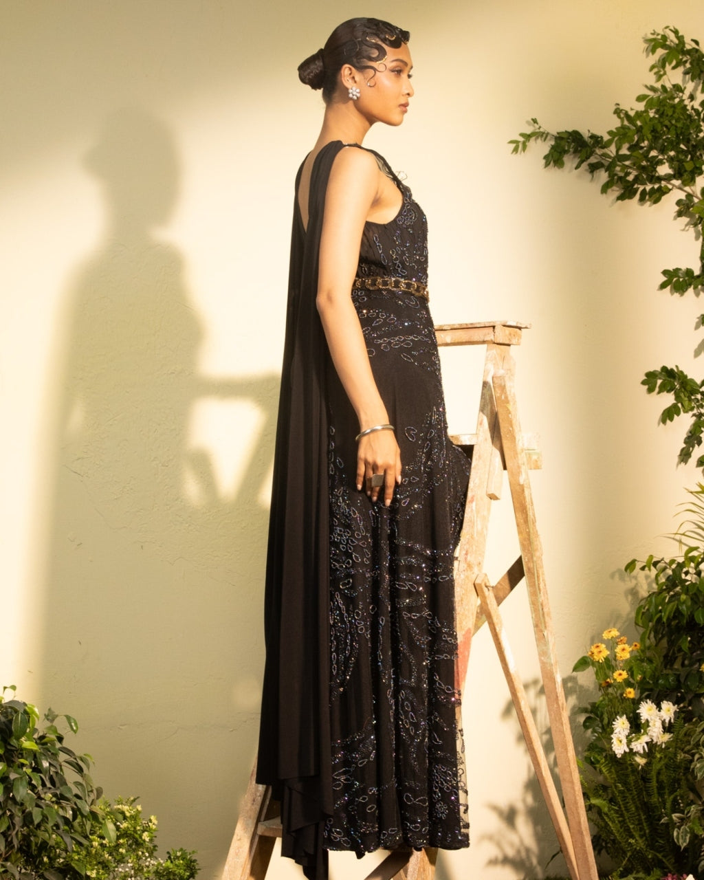 Black Hand Embroidered Jumpsuit With Cowl Back