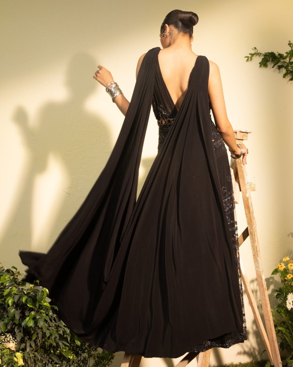 Black Hand Embroidered Jumpsuit With Cowl Back
