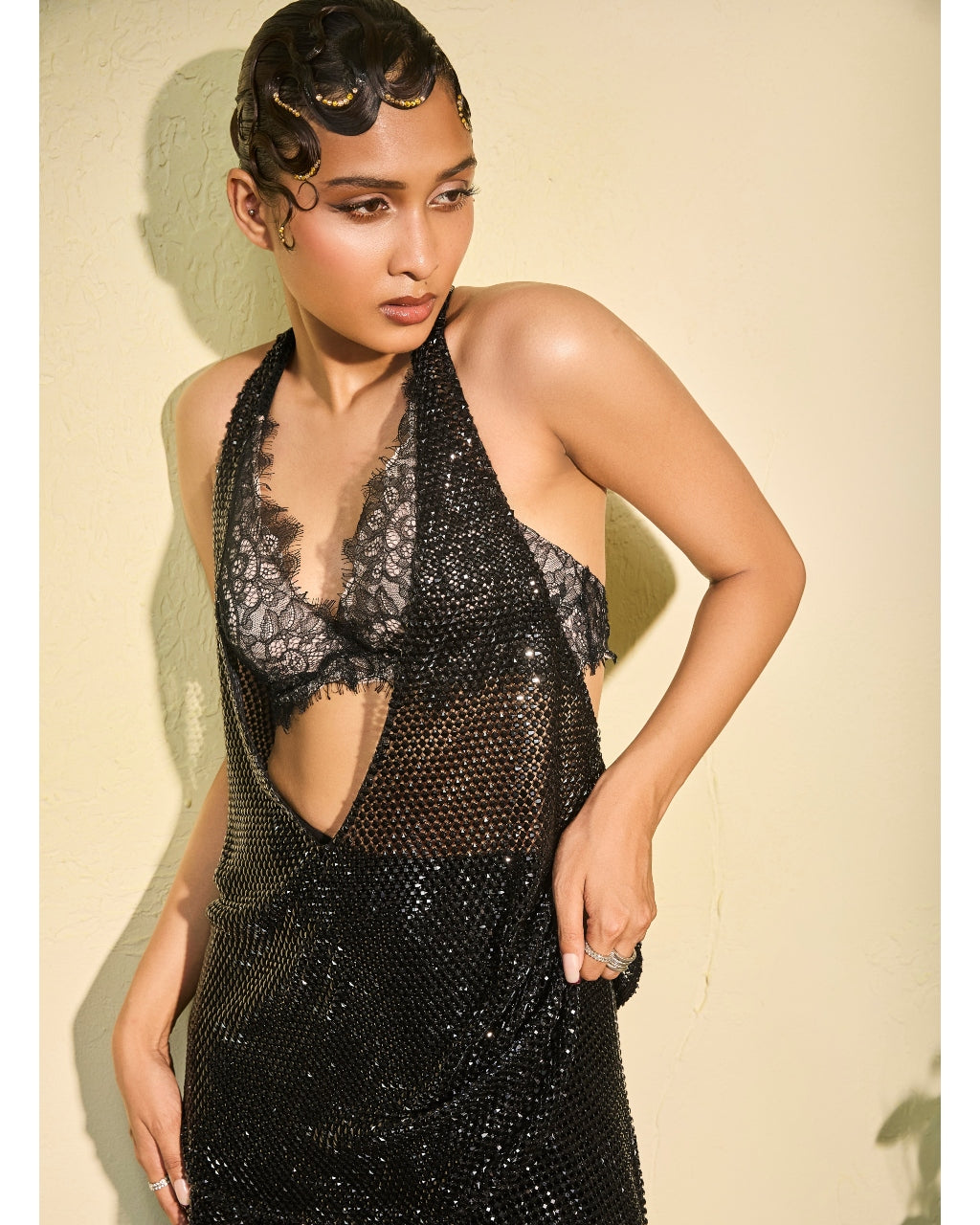 Black Rhinestone Wide Legged Pants With Top And Lace Bralet
