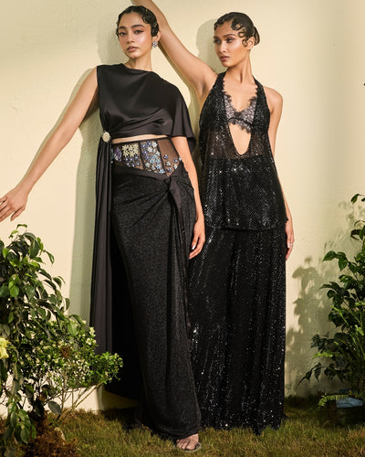 Black Rhinestone Wide Legged Pants With Top And Lace Bralet
