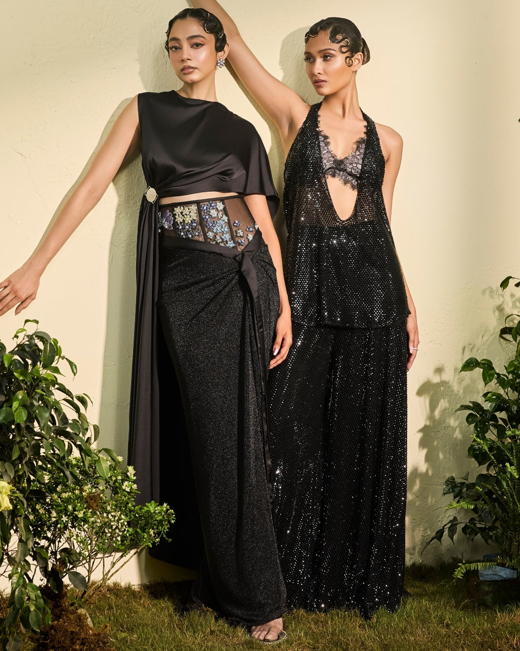 Black Satin Chainmail Skirt And Asymetrical Satin Top