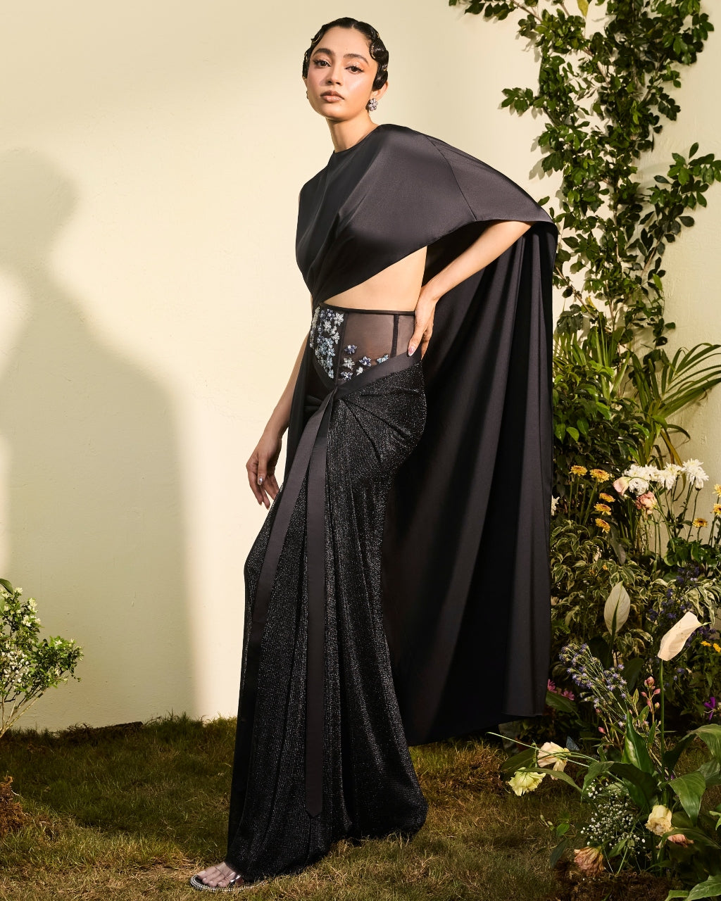 Black Satin Chainmail Skirt And Asymetrical Satin Top