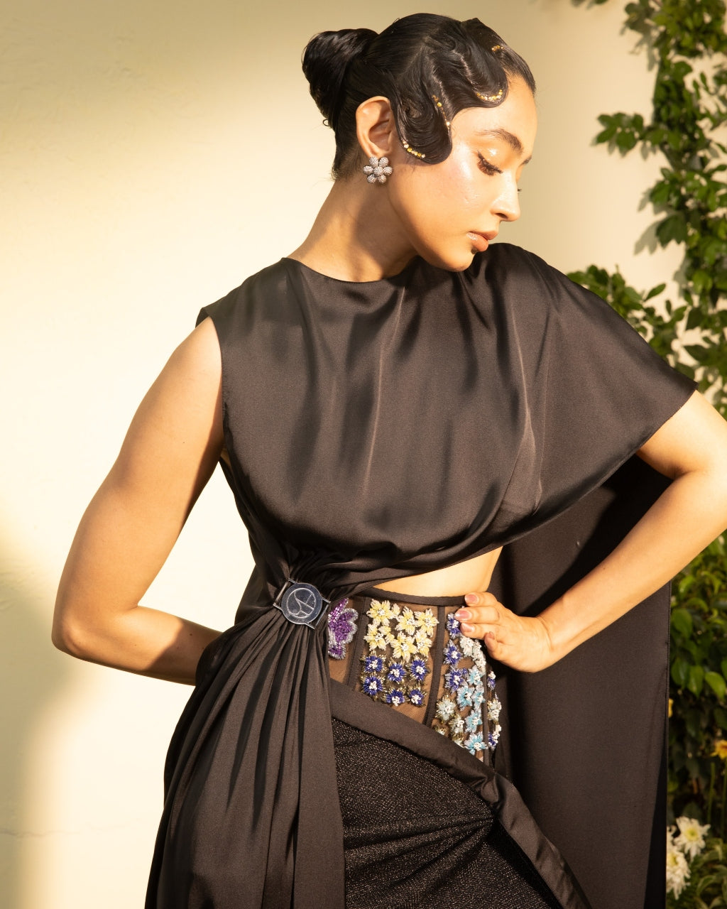 Black Satin Chainmail Skirt And Asymetrical Satin Top